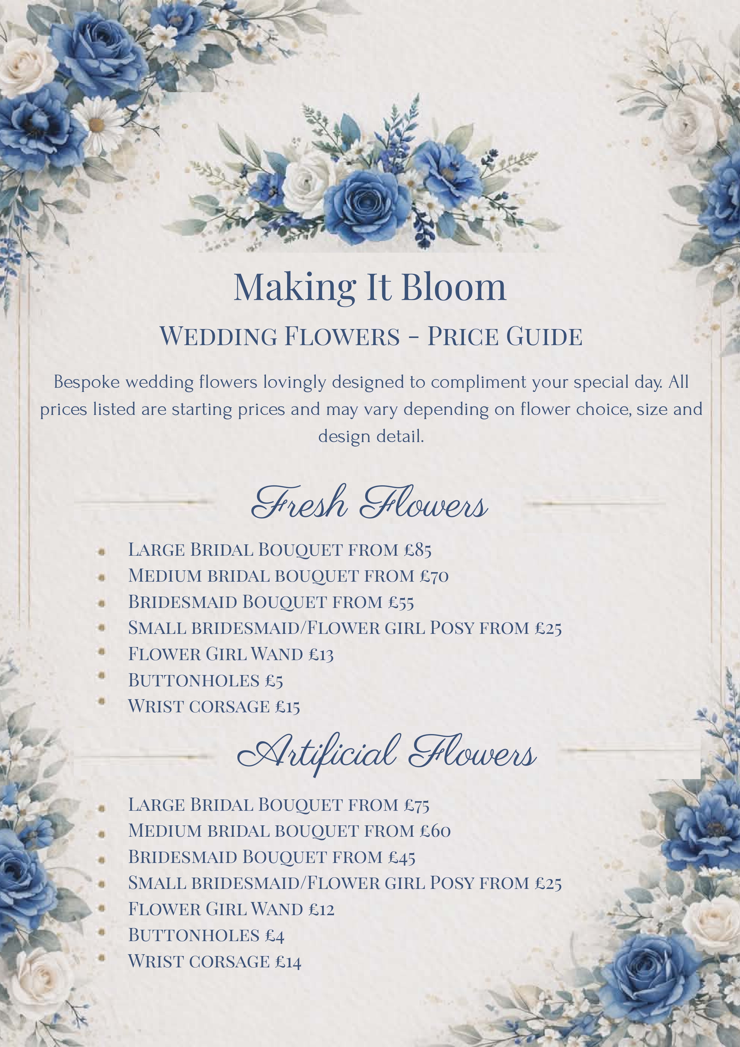 Making It Bloom wedding flowers price guide